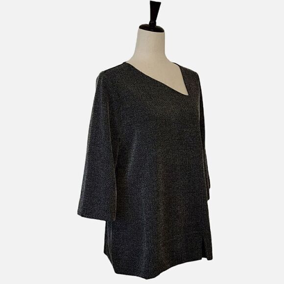 Chico's Black Asymmetrical  Neckline 3/4 Sleeve Blouse Size M - Picture 2 of 8